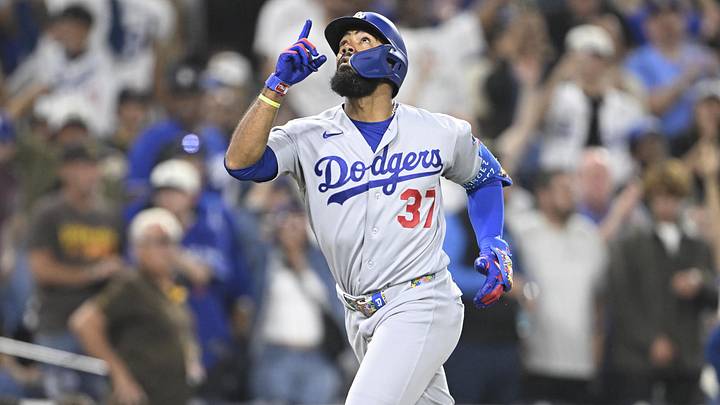 May 20, 2026; San Diego, California, USA; Los Angeles Dodgers left fielder Teoscar Hernandez (37) points skyward after hitting a solo home run during the ninth inning against the San Diego Padres at Petco Park. Mandatory Credit: Denis Poroy-Imagn Images