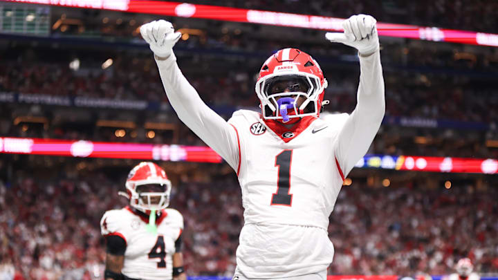 Dec 6, 2025; Atlanta, GA, USA; Georgia Bulldogs defensive back Ellis Robinson IV (1) celebrates after an incomplete pass in the end zone during the fourth quarter against the Alabama Crimson Tide during the 2025 SEC Championship game at Mercedes-Benz Stadium. Mandatory Credit: Brett Davis-Imagn Images