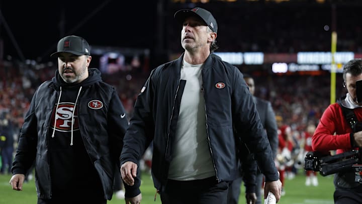 Dec 28, 2025; Santa Clara, California, USA; San Francisco 49ers head coach Kyle Shanahan looks on after the game against the Chicago Bears at Levi's Stadium. Mandatory Credit: Sergio Estrada-Imagn Images