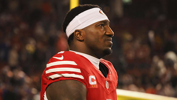 Dec 12, 2024; Santa Clara, California, USA; San Francisco 49ers wide receiver Deebo Samuel Sr (1) before the game against the Los Angeles Rams at Levi's Stadium. Mandatory Credit: Kelley L Cox-Imagn Images