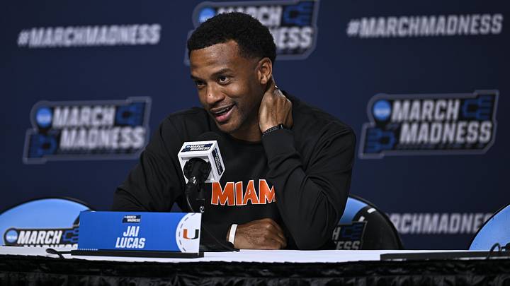 Mar 19, 2026; St. Louis, MO, USA; Miami (FL) Hurricanes head coach Jai Lucas talks to the media during a practice session ahead of the first round of the men's 2026 NCAA Tournament at Enterprise Center. Mandatory Credit: Jeff Le-Imagn Images