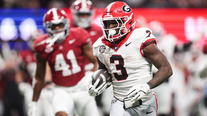 Dec 6, 2025; Atlanta, GA, USA; Georgia Bulldogs running back Nate Frazier (3) rushes for a touchdown during the third quarter against the Alabama Crimson Tide during the 2025 SEC Championship game at Mercedes-Benz Stadium. Mandatory Credit: Brett Davis-Imagn Images