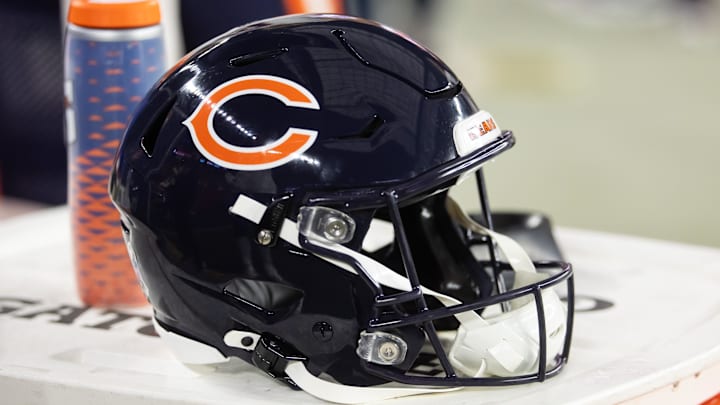 Nov 3, 2024; Glendale, Arizona, USA; Detailed view of a Chicago Bears helmet at State Farm Stadium. Mandatory Credit: Mark J. Rebilas-Imagn Images