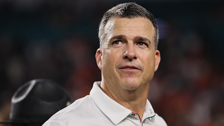 Oct 26, 2024; Miami Gardens, Florida, USA; Miami Hurricanes head coach Mario Cristobal looks on after the game against the Florida State Seminoles at Hard Rock Stadium. Mandatory Credit: Sam Navarro-Imagn Images