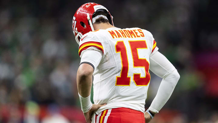 Feb 9, 2025; New Orleans, LA, USA;  Kansas City Chiefs quarterback Patrick Mahomes (15) reacts against the Philadelphia Eagles in Super Bowl LIX at Ceasars Superdome.