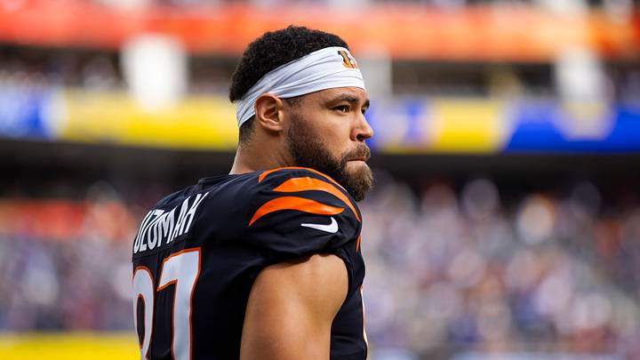 Feb 13, 2022; Inglewood, CA, USA; Cincinnati Bengals tight end C.J. Uzomah (87) against the Los Angeles Rams during Super Bowl LVI at SoFi Stadium. Mandatory Credit: Mark J. Rebilas-USA TODAY Sports