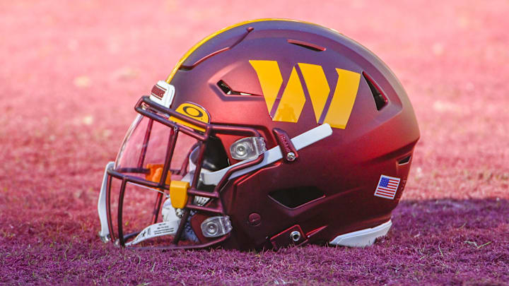 Jan 1, 2023; Landover, Maryland, USA; Washington Commanders helmet on the field before the game against the Cleveland Browns at FedExField. Mandatory Credit: Brad Mills-Imagn Images