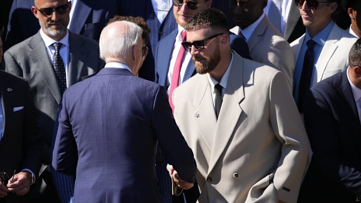 Travis Kelce and President Joe Biden celebrate the Chiefs' Super Bowl victory