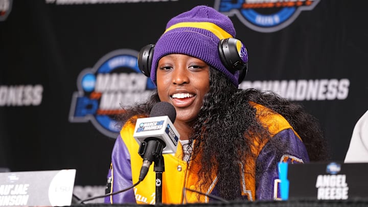 LSU Lady Tigers guard Flau'jae Johnson (4) takes questions from the media at MVP Arena, Sunday, March 31, 2024 in Albany, N.Y.