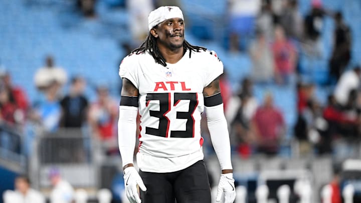 Oct 13, 2024; Charlotte, North Carolina, USA; Atlanta Falcons cornerback Antonio Hamilton Sr. (33) walks off the field after the game at Bank of America Stadium. Mandatory Credit: Bob Donnan-Imagn Images