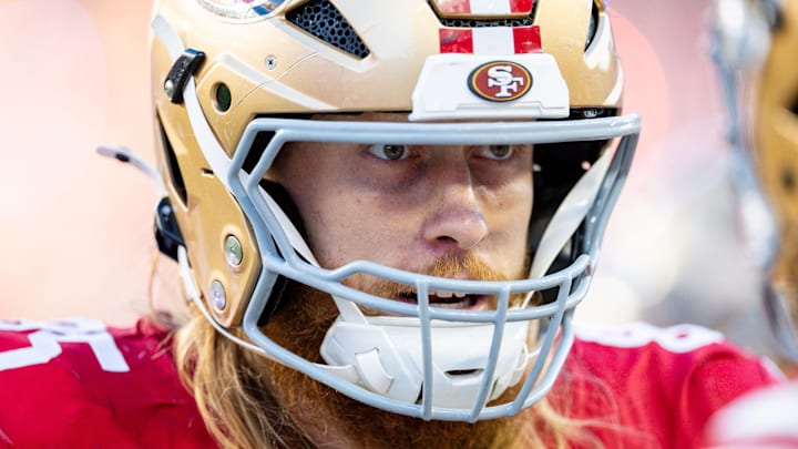 Dec 8, 2024; Santa Clara, California, USA; San Francisco 49ers tight end George Kittle (85) on the sidelines during the fourth quarter against the Chicago Bears at Levi's Stadium. Mandatory Credit: Bob Kupbens-Imagn Images