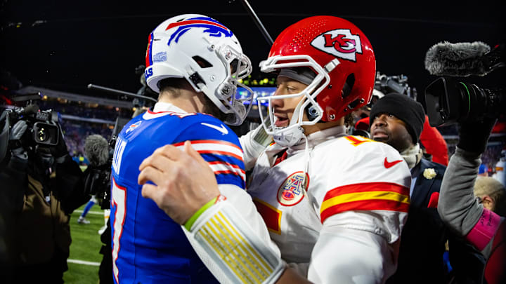 Jan 21, 2024; Orchard Park, New York, USA; Kansas City Chiefs quarterback Patrick Mahomes (15) greets Buffalo Bills quarterback Josh Allen (17) following the 2024 AFC divisional round game at Highmark Stadium.