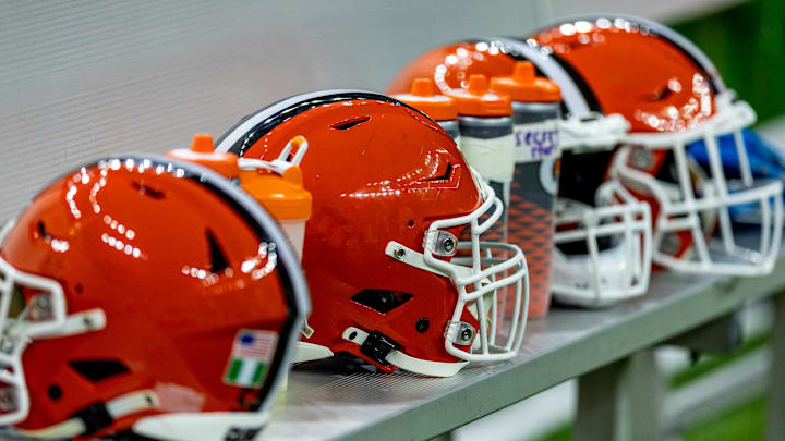Nov 17, 2024; New Orleans, Louisiana, USA;  Detailed view of the Cleveland Browns helmets on a time out against the New Orleans Saints during the first half at Caesars Superdome. Mandatory Credit: Stephen Lew-Imagn Images