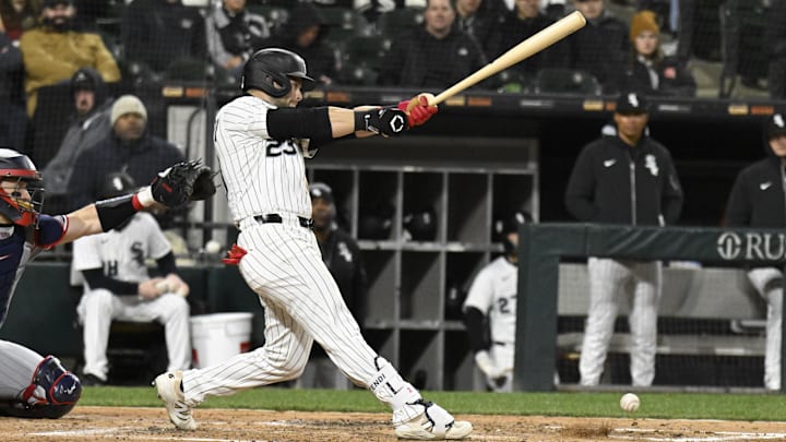 Chicago White Sox outfielder Andrew Benintendi (23) singles during the fourth inning against the Minnesota Twins at Guaranteed Rate Field on Tuesday. Chicago White Sox outfielder Andrew Benintendi (23) singles during the fourth inning against the Minnesota Twins at Guaranteed Rate Field on Tuesday.