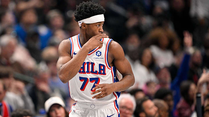 Jan 1, 2026; Dallas, Texas, USA; Philadelphia 76ers guard Vj Edgecombe (77) celebrates making a three point basket against the Dallas Mavericks during the second quarter at the American Airlines Center. Mandatory Credit: Jerome Miron-Imagn Images Jan 1, 2026; Dallas, Texas, USA; Philadelphia 76ers guard Vj Edgecombe (77) celebrates making a three point basket against the Dallas Mavericks during the second quarter at the American Airlines Center. Mandatory Credit: Jerome Miron-Imagn Images