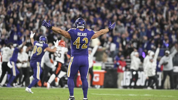 Nov 7, 2024; Baltimore, Maryland, USA; Baltimore Ravens fullback Patrick Ricard (42) reacts as wide receiver Tylan Wallace (not pictured) runs for a touchdown during the second half against the Cincinnati Bengals at M&T Bank Stadium. Mandatory Credit: Tommy Gilligan-Imagn Images Nov 7, 2024; Baltimore, Maryland, USA; Baltimore Ravens fullback Patrick Ricard (42) reacts as wide receiver Tylan Wallace (not pictured) runs for a touchdown during the second half against the Cincinnati Bengals at M&T Bank Stadium. Mandatory Credit: Tommy Gilligan-Imagn Images
