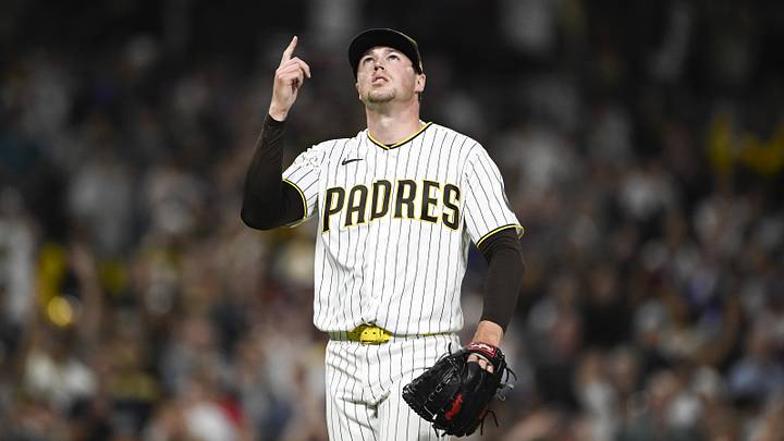 Jun 8, 2026; San Diego, California, USA; San Diego Padres pitcher Mason Miller (22) points skyward after the San Diego Padres beat the Cincinnati Reds at Petco Park. Mandatory Credit: Denis Poroy-Imagn Images Jun 8, 2026; San Diego, California, USA; San Diego Padres pitcher Mason Miller (22) points skyward after the San Diego Padres beat the Cincinnati Reds at Petco Park. Mandatory Credit: Denis Poroy-Imagn Images