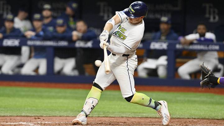 Jun 26, 2026; St. Petersburg, Florida, USA; Tampa Bay Rays second baseman Taylor Walls (6) swings at a pitch during the seventh inning against Arizona Diamondbacks at Tropicana Field.