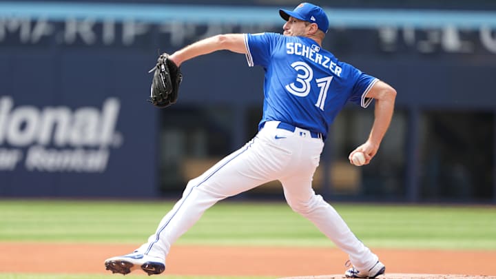 Jun 3, 2025; Toronto, Ontario, CAN; Toronto Blue Jays pitcher Max Scherzer (31) throws a pitch during a live session of batting practice before a game against the Philadelphia Phillies at Rogers Centre. 