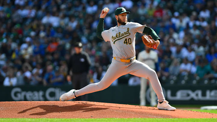 Sep 29, 2024; Seattle, Washington, USA; Oakland Athletics starting pitcher Mitch Spence (40) pitches to the Seattle Mariners during the first inning at T-Mobile Park. Mandatory Credit: Steven Bisig-Imagn Images Sep 29, 2024; Seattle, Washington, USA; Oakland Athletics starting pitcher Mitch Spence (40) pitches to the Seattle Mariners during the first inning at T-Mobile Park. Mandatory Credit: Steven Bisig-Imagn Images