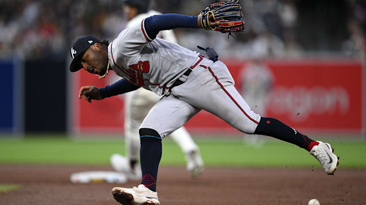 Apr 17, 2023; San Diego, California, USA; Atlanta Braves second baseman Ozzie Albies (1) cannot