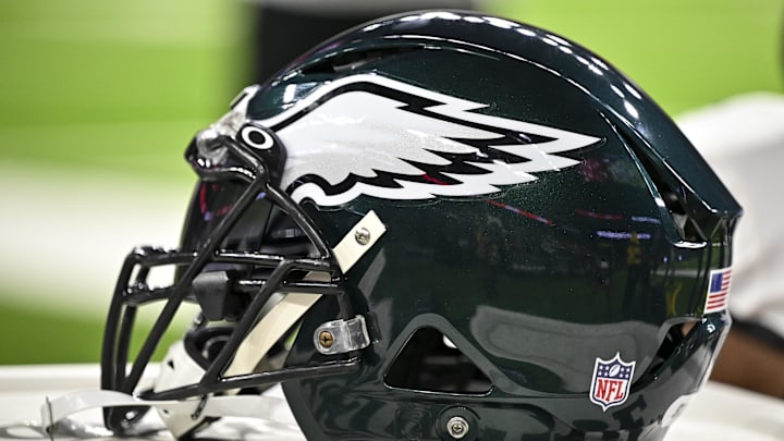 Nov 3, 2022; Houston, Texas, USA; Philadelphia Eagles helmet on the sideline during the first quarter against the Houston Texans at NRG Stadium. Mandatory Credit: Maria Lysaker-Imagn Images