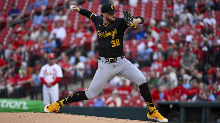 May 6, 2025; St. Louis, Missouri, USA; Pittsburgh Pirates starting pitcher Paul Skenes (30) pitches against the St. Louis Cardinals during the first inning at Busch Stadium. Mandatory Credit: Jeff Curry-Imagn Images May 6, 2025; St. Louis, Missouri, USA; Pittsburgh Pirates starting pitcher Paul Skenes (30) pitches against the St. Louis Cardinals during the first inning at Busch Stadium. Mandatory Credit: Jeff Curry-Imagn Images