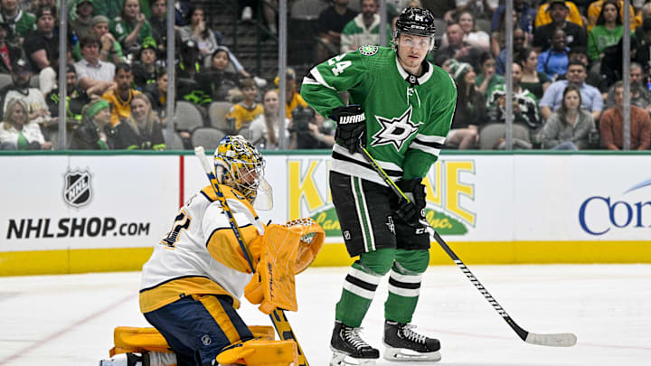 Apr 3, 2023; Dallas, Texas, USA; Nashville Predators goaltender Juuse Saros (74) and Dallas Stars