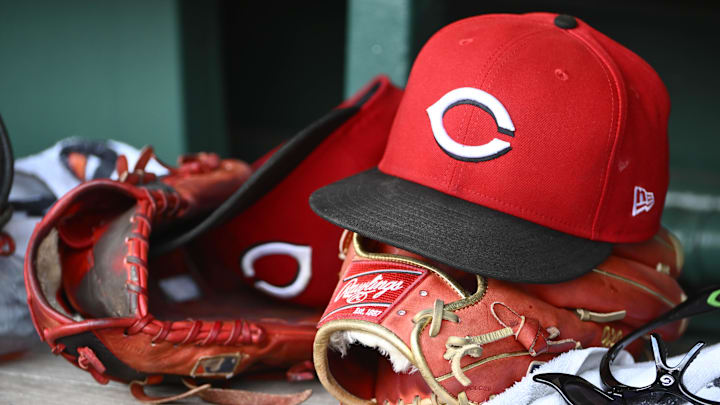 Jul 23, 2025; Washington, District of Columbia, USA; General view of Cincinnati Reds hat during the game against the Washington Nationals at Nationals Park. Mandatory Credit: Brad Mills-Imagn Images