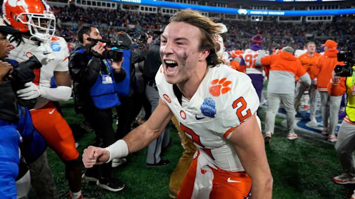 Dec 7, 2024; Charlotte, NC, USA; Clemson Tigers quarterback Cade Klubnik (2) celebrates after winning the 2024 ACC Championship game at Bank of America Stadium. 