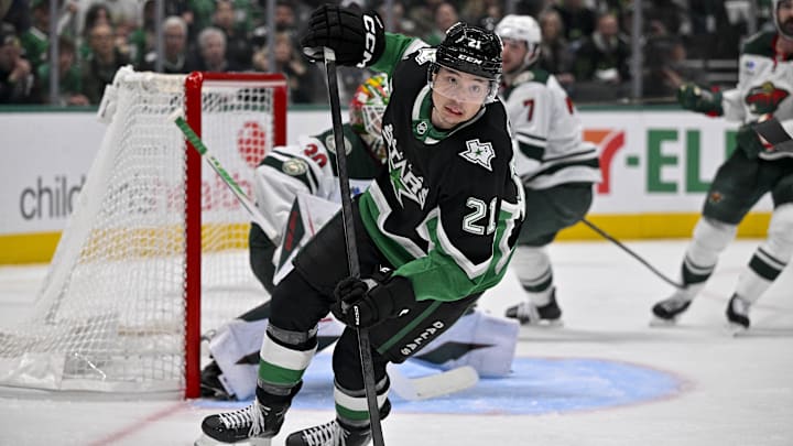 Apr 28, 2026; Dallas, Texas, USA; Dallas Stars left wing Jason Robertson (21) skates against the Minnesota Wild during the second period in game five of the first round of the 2026 Stanley Cup Playoffs at American Airlines Center. Mandatory Credit: Jerome Miron-Imagn Images