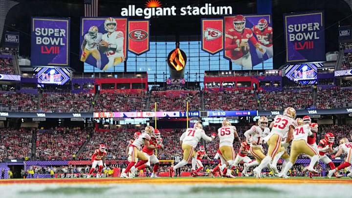 Feb 11, 2024; Paradise, Nevada, USA; San Francisco 49ers quarterback Brock Purdy (13) hands the ball