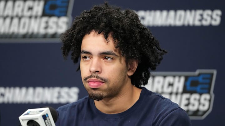 Mar 22, 2025; Wichita, KS, USA; Gonzaga Bulldogs guard Ryan Nembhard during press conference at Intrust Bank Arena. Mandatory Credit: Kirby Lee-Imagn Images