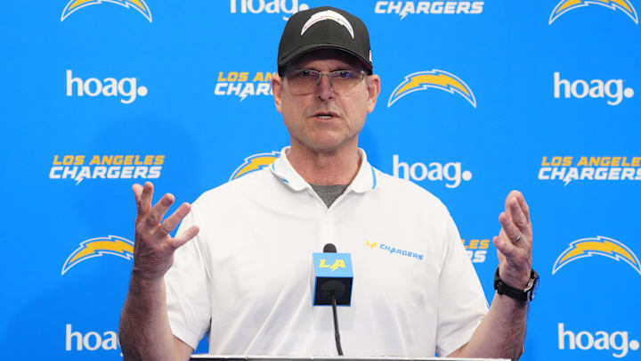 Apr 2, 2024; Costa Mesa, CA, USA; Los Angeles Chargers coach Jim Harbaugh speaks at press conference