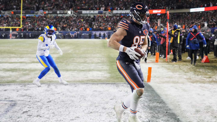 Jan 18, 2026; Chicago, IL, USA; Chicago Bears tight end Cole Kmet (85) catches a fourteen-yard touchdown pass thrown by quarterback Caleb Williams (not pictured) against Los Angeles Rams cornerback Cobie Durant (14) with eighteen seconds remaining in the fourth quarter of an NFC Divisional Round game at Soldier Field. Jan 18, 2026; Chicago, IL, USA; Chicago Bears tight end Cole Kmet (85) catches a fourteen-yard touchdown pass thrown by quarterback Caleb Williams (not pictured) against Los Angeles Rams cornerback Cobie Durant (14) with eighteen seconds remaining in the fourth quarter of an NFC Divisional Round game at Soldier Field.