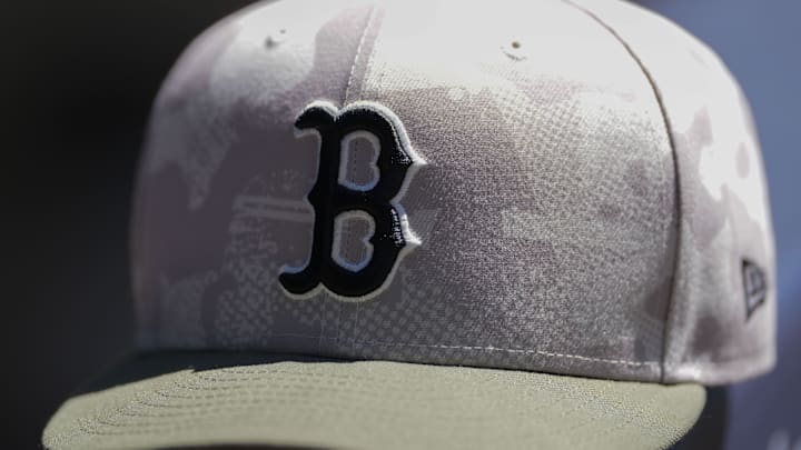 May 26, 2025; Milwaukee, Wisconsin, USA;  General view of a Boston Red Sox hat during warmups prior the game against the Milwaukee Brewers at American Family Field. 