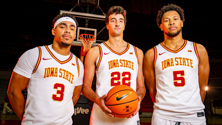 Iowa State Men's Basketball players Tamin Lipsey, Milan Momcilovic, and Joshua Jefferson stand for a photo during media day at Hilton Coliseum in Ames, Oct. 8, 2025.