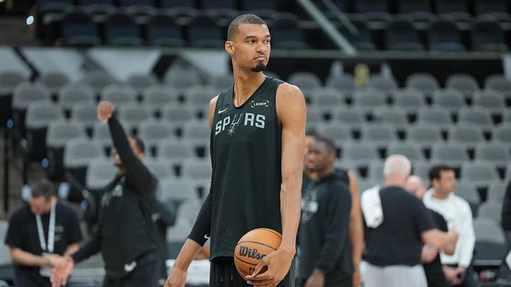 Spurs forward Victor Wembanyama during practice on media day for the 2026 NBA Finals.