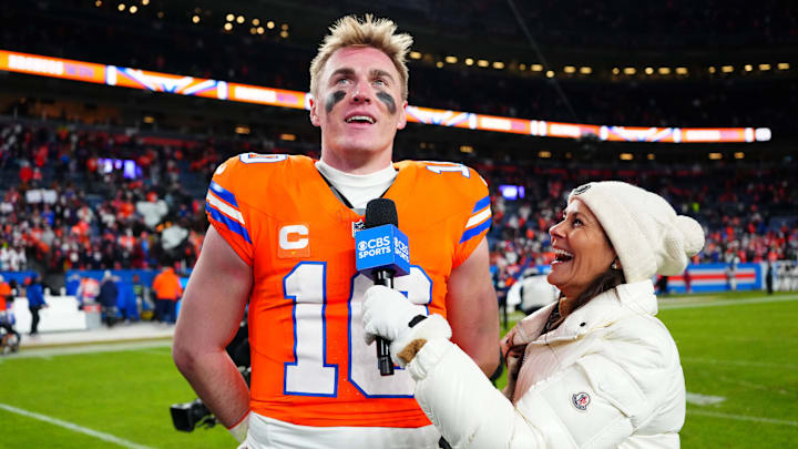 CBS Sports reporter Tracy Wolfson interviews Denver Broncos quarterback Bo Nix following the win against the Kansas City Chiefs.