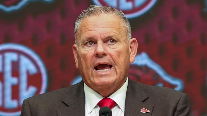 Arkansas Razorbacks coach Sam Pittman talks to the media during SEC Media Days at Omni Atlanta Hotel in Atlanta. Arkansas Razorbacks coach Sam Pittman talks to the media during SEC Media Days at Omni Atlanta Hotel in Atlanta.