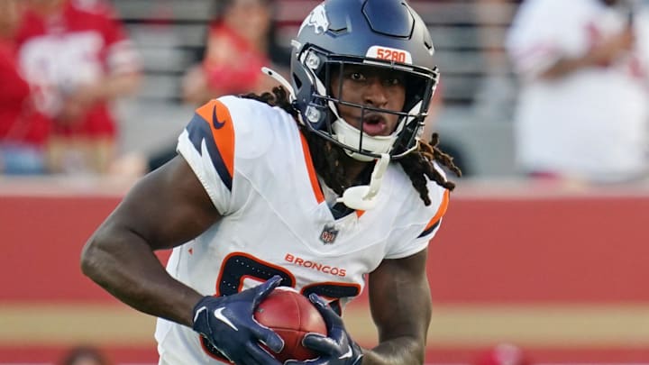 Aug 9, 2025; Santa Clara, California, USA;  Denver Broncos wide receiver Courtney Jackson (89) runs upfield in the second quarter against San Francisco 49ers at Levi's Stadium. Mandatory Credit: David Gonzales-Imagn Images
