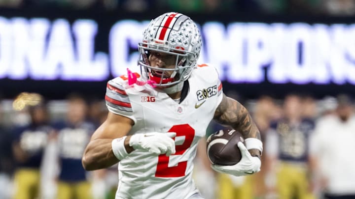 Jan 20, 2025; Atlanta, GA, USA; Ohio State Buckeyes wide receiver Emeka Egbuka (2) against the Notre Dame Fighting Irish during the CFP National Championship college football game at Mercedes-Benz Stadium. Mandatory Credit: Mark J. Rebilas-Imagn Images