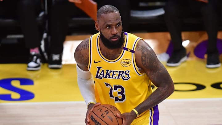 Apr 30, 2025; Los Angeles, California, USA; Los Angeles Lakers forward LeBron James (23) controls the ball against the Minnesota Timberwolves during the second half in game five of first round for the 2025 NBA Playoffs at Crypto.com Arena. Mandatory Credit: Gary A. Vasquez-Imagn Images