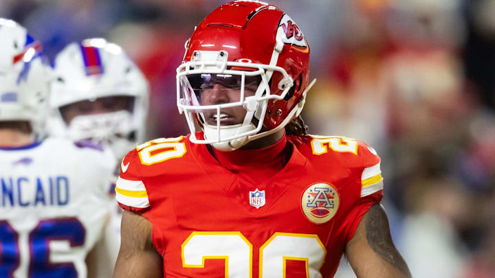 Jan 26, 2025; Kansas City, MO, USA; Kansas City Chiefs safety Justin Reid (20) against the Buffalo Bills in the AFC Championship game at GEHA Field at Arrowhead Stadium. Mandatory Credit: Mark J. Rebilas-Imagn Images