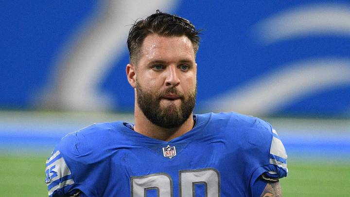 Former Detroit Lions offensive tackle Taylor Decker (68) after the game against the New Orleans Saints at Ford Field. Mandatory Credit: Tim Fuller-Imagn Images