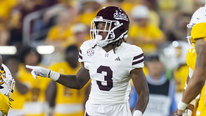 Sep 7, 2024; Tempe, Arizona, USA; Mississippi State Bulldogs wide receiver Kevin Coleman Jr. (3) against the Arizona State Sun Devils at Mountain America Stadium. Mandatory Credit: Mark J. Rebilas-Imagn Images Sep 7, 2024; Tempe, Arizona, USA; Mississippi State Bulldogs wide receiver Kevin Coleman Jr. (3) against the Arizona State Sun Devils at Mountain America Stadium. Mandatory Credit: Mark J. Rebilas-Imagn Images