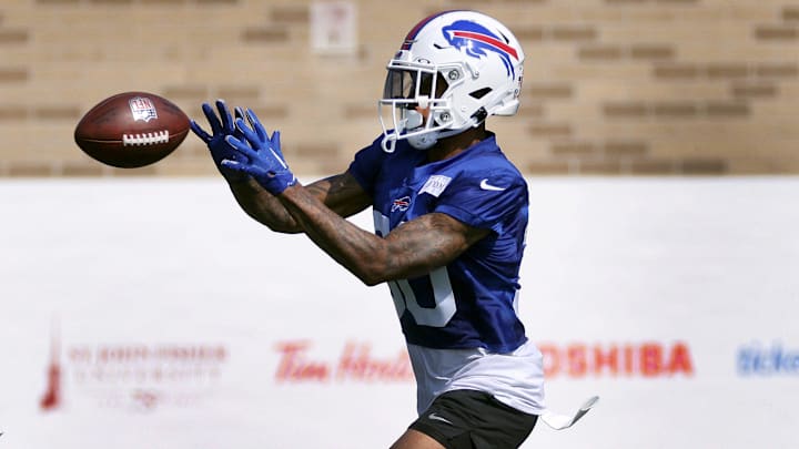 Bills defensive back Dane Jackson makes a catch during individual drills at training camp.