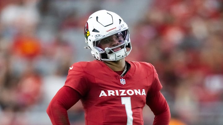 Aug 9, 2025; Glendale, Arizona, USA; Arizona Cardinals quarterback Kyler Murray (1) reacts after a yellow penalty flag is thrown against the Kansas City Chiefs during a preseason NFL game at State Farm Stadium. Mandatory Credit: Mark J. Rebilas-Imagn Images Aug 9, 2025; Glendale, Arizona, USA; Arizona Cardinals quarterback Kyler Murray (1) reacts after a yellow penalty flag is thrown against the Kansas City Chiefs during a preseason NFL game at State Farm Stadium. Mandatory Credit: Mark J. Rebilas-Imagn Images