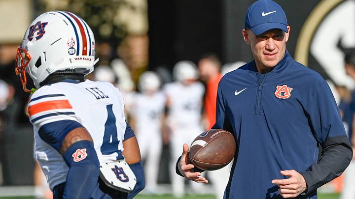 Auburn interim coach DJ Durkin watches warm ups before the game against Auburn at FirstBank Stadium in Nashville, Tenn., Saturday, Nov. 8, 2025.