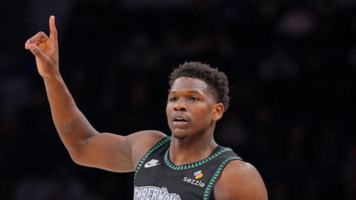 Feb 9, 2026; Minneapolis, Minnesota, USA; Minnesota Timberwolves guard Anthony Edwards (5) against the Atlanta Hawks in the fourth quarter at Target Center. Mandatory Credit: Brad Rempel-Imagn Images